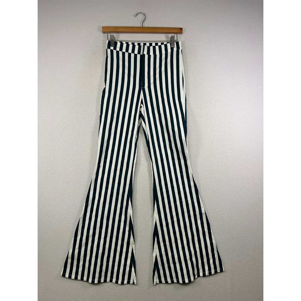 Retro 70s Klesis‎ Women S Green White Striped High Rise Flare Bell Bottom Pants